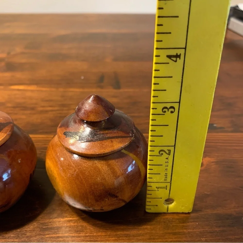 (2) Decorative Hand Carved Turned Wood Bowls with Finial Knob Lids from Haiti
